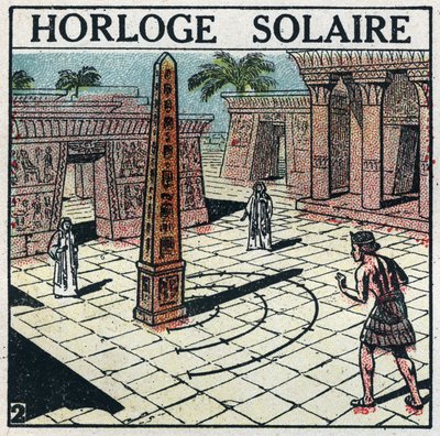 Tid: solklocka (solur) som användes i det gamla Egypten. Anonym illustration från 1925. Privat samling. av Anonymous Anonymous