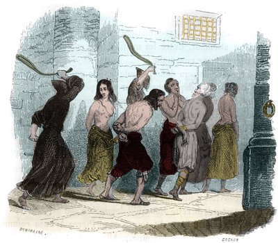 Tortyr under inkvisitionen i Spanien på 1500-talet: Piskans plåga. Illustration i "" Mysteres of the Inquisition and Other Secret Societies of Spain"" Av Victor de Fereal, Suberwick, Manuel Galo de Cuendias. Utgiven av P. Boizard av Anonymous Anonymous