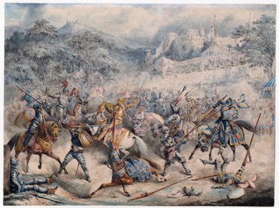 Tournoi (Moyen age) - Tournament of mounted ridders - Anonym - 1840 - Färglitografi - 20,3x30,5 - Privat samling av Anonymous Anonymous