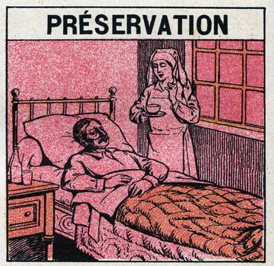 Ultravioletta strålar: för att undvika ärr orsakade av smittkoppor bör patienterna behandlas i rum eller endast gå in i rött ljus, fritt från ultravioletta strålar. Anonym illustration från 1925. Privat samling. av Anonymous Anonymous