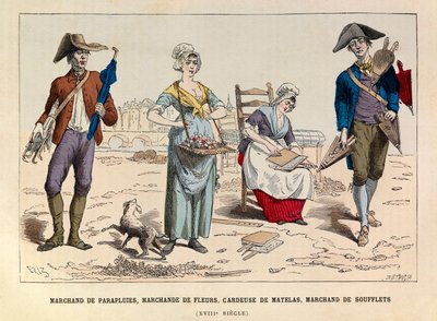 Paraplyhandlare, blomsterhandlare, madrasskardare och bälghandlare i Paris på 1700-talet - Paraplyförsäljare, blomstersäljare, kardnings- och bälgförsäljare på 1700-talets Paris - privat samling av Anonymous Anonymous