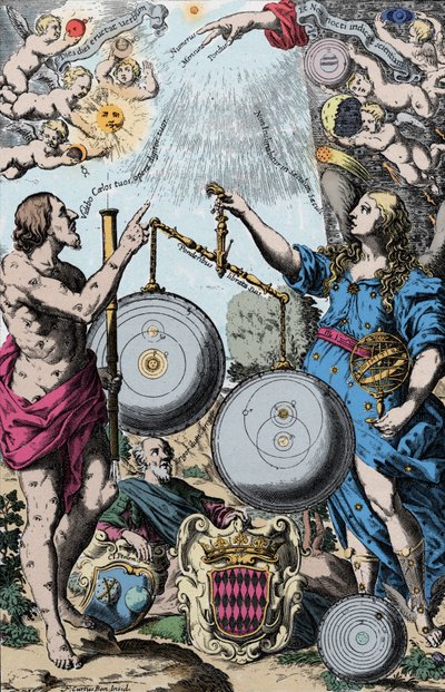 Urania, Astronomimusen representerad framför Argus, med ett teleskop. De väger och jämför Copernicus (vänster) system och Jesuite Giovanni Riccioli inspirerar från Tycho Brahes (som kombinerar Ptolemes geocentriska visioner) av Anonymous Anonymous