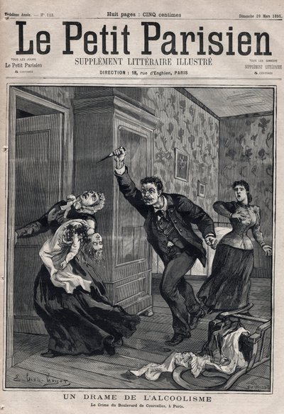 Olika fakta: ett drama av alkoholism - Le crime du Boulevard de Courcelles i Paris - Gravyr i "Le petit Parisien"" från 1891 - Privat samling av Anonymous Anonymous