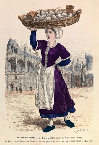 Grönsaksförsäljare i Paris på 1500-talet (i bakgrunden, vy av fd räkenskapskammaren, batie under Ludvig XI och brulee den 27 oktober 1737) - Grönsaksförsäljare av Anonymous Anonymous