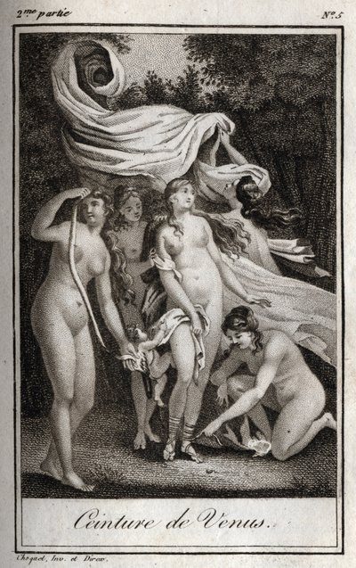 Venusbälte: Medan striden fortsätter att gynna trojanerna, använder Junon Venus bälte för att charma Jupiter och sömn för att få honom att somna. Gravyr från 1819 i "Lettres a Emilie sur la mythologie" av Charles Albert Demoustier (1760-1801). Privat samli av Anonymous Anonymous