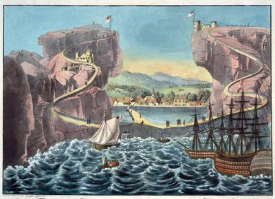 Utsikt över ön St. Helena från sidan av landningsplatsen nära Fort James - Anonym - 1815 - Akvatint - 46,7x54,5 - Privat samling av Anonymous Anonymous