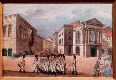 Vy över Prags nationalteater vid tiden för den österrikiska ockupationen Gravyr och akvarell. 1700-tals privatsamling av Anonymous Anonymous