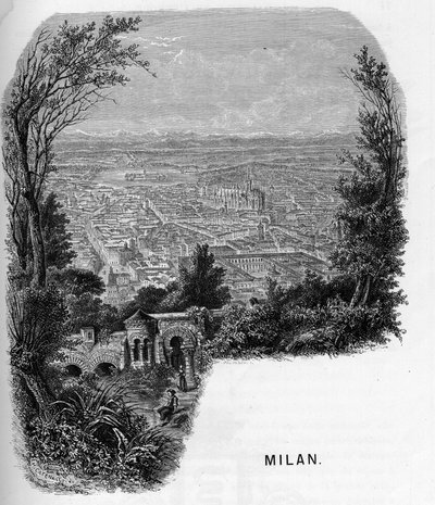 Utsikt över staden Milano (Milano), Italien. Gravyr av 1859 i "" les galeries de l