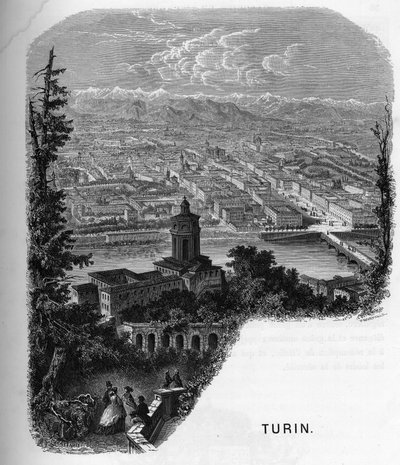 Utsikt över staden Turin (Torino), Italien. gravyr av 1859 i "" gallerierna i Europa - Italien"" av armengaud. Privat samling. av Anonymous Anonymous