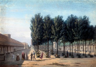 Utsikt över Paisibles innergård vid Bicetres hospice. De psykiskt sjukas promenad på sjukhuset 1824. Anonym gouache. Paris, Musée Carnavalet av Anonymous Anonymous