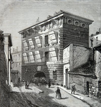 Utsikt över det tidigare fängelset La Force, rue du roi de Sicilien i Paris på 1800-talet, Gravyr, Privat samling av Anonymous Anonymous