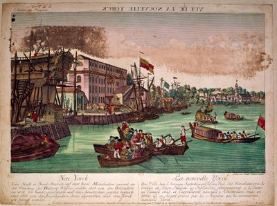 Utsikt över hamnen i staden New York (New York) i USA, till vänster ett varv. Mynningen av Hudsonfloden och Manhattan Island. Gravyr av 1700-talet. Privat samling av Anonymous Anonymous