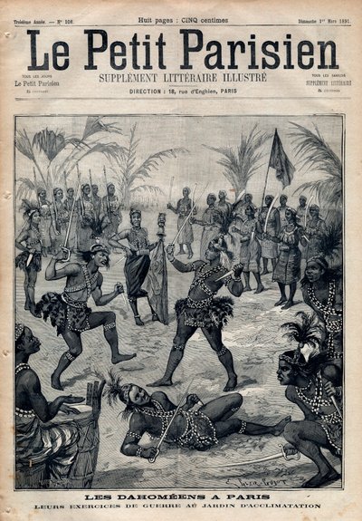 Krigsövningar: Amazoner, krigare och feticheurs dahomeens (nu Benin) från acklimatiseringens trädgård i Paris (Human Zoo). Gravyr i "" Le petit Parisien"" från 1891. Privat samling. av Anonymous Anonymous