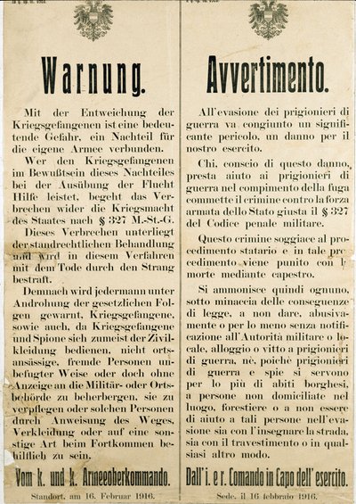 Varning efter rymningen av italienska krigsfångar den 16 februari 1916 och bad den österrikiska befolkningen att inte hjälpa dem (gravyr av Anonymous Anonymous