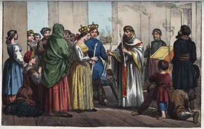 Bröllop i Ryssland på 1700-talet - gravyr från "" Seder och seder för alla folk i universum. Det vill säga historien om regeringen, om lagarna, om milisen, om religionen för alla nationer från de mest avlägsna tiderna till våra dagar "1856 av Anonymous Anonymous