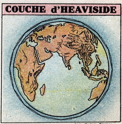 Trådlös telegrafi: Heaviside lager, ett lager av jordens atmosfär som innehåller elektroner, har ett mer eller mindre fritt tillstånd. Anonym illustration från 1925. Privat samling. av Anonymous Anonymous