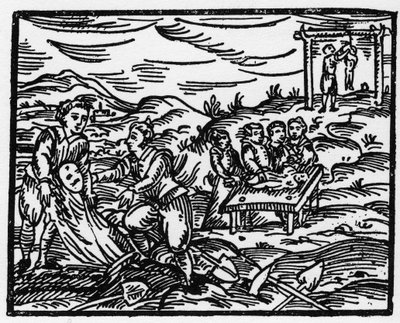 Häxor som avskräcker de döda på en kyrkogård - "" Compendium Maleficarum"", affärer om häxor, deras ondska och deras sortileges av Francesco Maria Guazzo eller Guaccio eller Guaccius (15?? -16??) 1608 privatsamling av Anonymous Anonymous