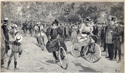 Kvinnors race av velocipedists vid Bois de Boulogne nära Paris. Gravyr i "" Le Petit Parisien"" den 25/06/1893. av Anonymous Anonymous