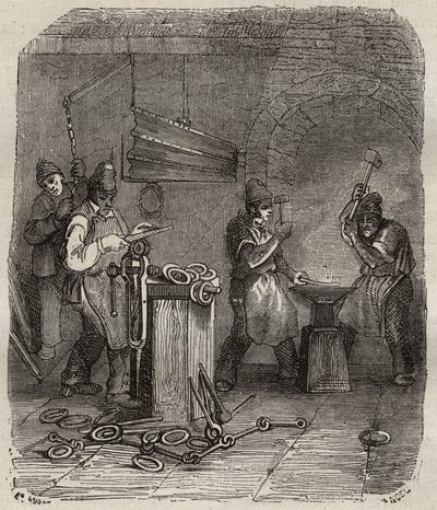 Arbetarstyrkor vid Rochefort Bagne på 1800-talet. Gravyr i "Fångarnas historia från deras skapelse till idag" (1877) av Pierre Zaccone (1817-1895) (Colonia Penale - Straffkoloni). Privat samling. av Anonymous Anonymous