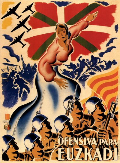 Spanska inbördeskriget - Biscayakampanj (Biscayaoffensiv) Ofensiva Para Euzkadi (Offensiv för Baskien) - Anonym - 1937 - Färglitografi - 140x100 - Privat samling av Anonymous Anonymous