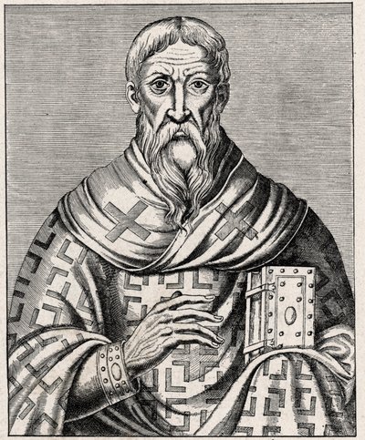 porträtt av Areopagiten Dionysius - Porträtt av Areopagiten Sankt Denys (1:a århundradet), grekisk biskop - Gravyr efter en illustration av "Life of illustrious Men" av Thevet - I "" The Catholic Missions in the XIXeme Century"" av Louis- Eugene (Louis av Anonymous Anonymous