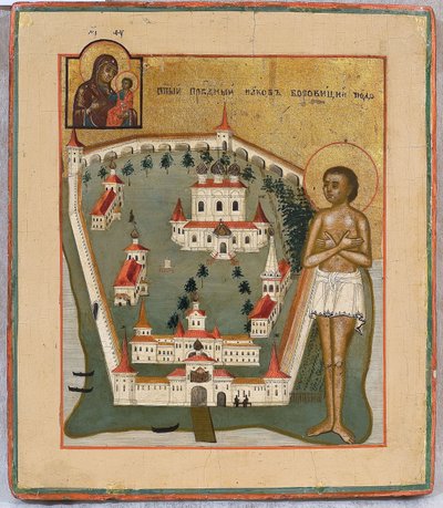 Sankt Jakob av Borovichi, underverkare från Novgorod med Valday Iversky-klostret, tidigt 1800-tal av Anonymous Russian icon painter