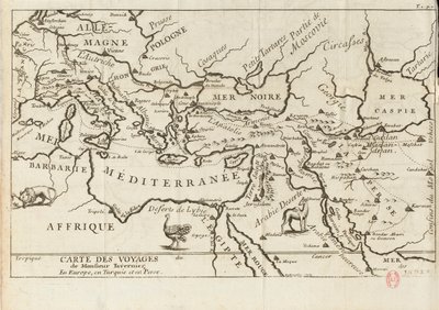 Karta över Taverniers resor i Europa, Persien, Turkiet, 1600-talet. av Anonymous master.