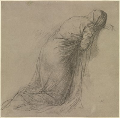 Dräktstudie av en beslöjad kvinnogestalt som knäböjer åt höger av Anselm Feuerbach