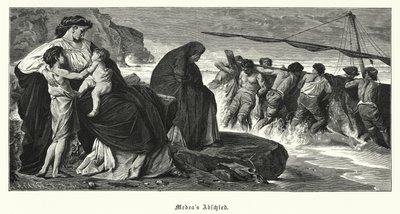 Medeas farväl: scen från Euripides antika grekiska tragedi Medea, baserad på legenden om Medea och Jason (gravyr) av Anselm Feuerbach