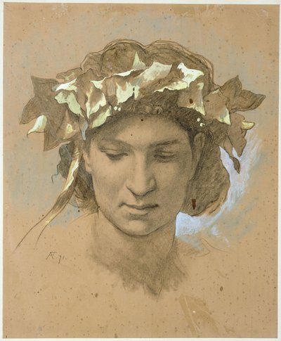 Kvinnligt huvud, omkransat av murgröna. Studie till målningen ”Platons måltid” (1873, Nationalgaleriet i Berlin) av Anselm Feuerbach