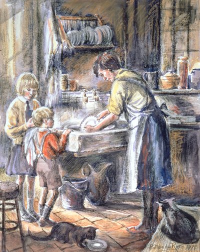 Helping with the Washing Up, 1975 (wc och krita) av Anthea Durose