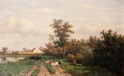 Holländskt landskap (panel) av Anthonie Jacobus van Wyngaerdt