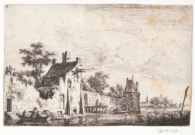 Stadsmur vid en flod av Anthonie Waterloo