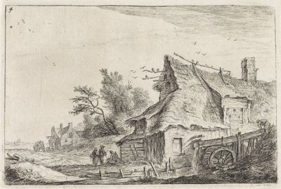 Byutsikt med en vattenkvarn Landskap med byggnader (serietitel) av Anthonie Waterloo