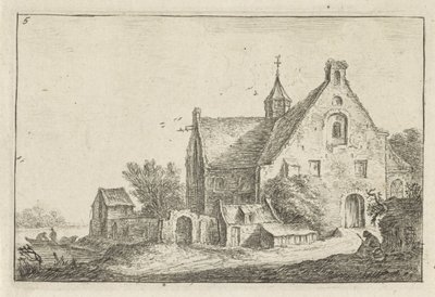 Bykyrka på vattnet Landskap med byggnader (serietitel) av Anthonie Waterloo
