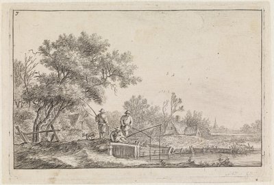 Tre fiskare på den lilla bron (nr 7 ur en serie om 12 tryck) av Anthonie Waterloo