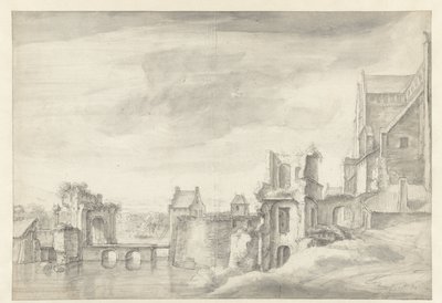 Utsikt över ruiner på en flodstrand (St. Walburgkerk i Arnhem?) av Anthonie Waterloo