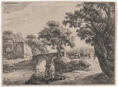 Flock nära en stenbro, 1600-talet. av Anthonie Waterloo