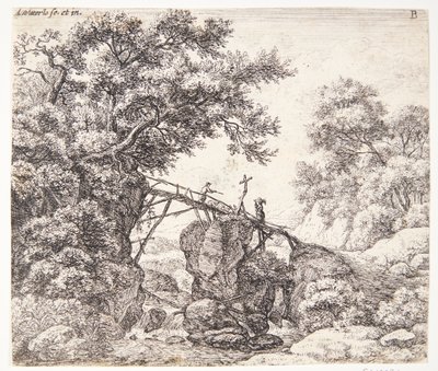 Herde på en lutande träbro av Anthonie Waterloo