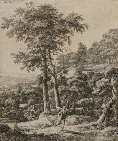 Landskap med jägare (etsning) av Anthonie Waterloo