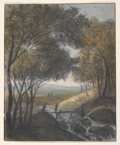 Landskap med en resande som korsar en bro (recto); skisser av en port, en bro och ett rådhus (verso) av Anthonie Waterloo