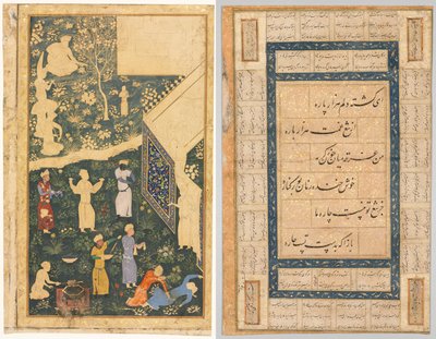 Vänster sida av en dubbelsidig albumfolio: Outside a Royal Encampment (recto) och Calligraphy, Persian Verses (verso) av Anthonie Waterloo