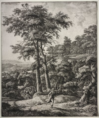 Sex stora upprättstående landskap med scener från Ovidius Metamorphoses: Apollo och Daphne av Anthonie Waterloo