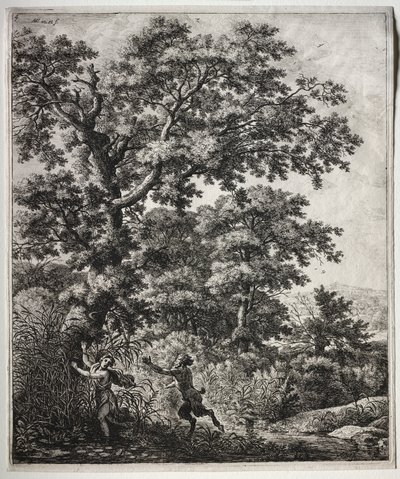 Sex stora upprättstående landskap med scener från Ovidius Metamorphoses: Pan and Syrinx av Anthonie Waterloo