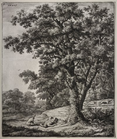 Sex stora upprättstående landskap med scener ur Ovids Metamorphoses: The Death of Adonis av Anthonie Waterloo