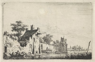 Stadsmuren på vattnet Landskap med figurer (serietitel) av Anthonie Waterloo