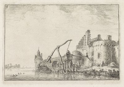 Stadsmuren sett från vattnet Landskap med byggnader (serietitel) av Anthonie Waterloo