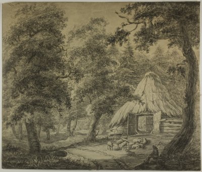 Halmtak hydda i skogen med herde och får av Anthonie Waterloo