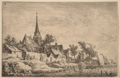 Kyrktorn i by vid havet av Anthonie Waterloo
