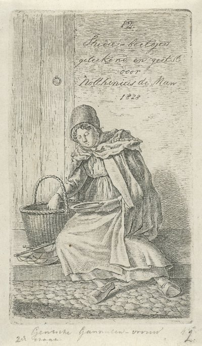 Sittande kvinna med korg och tallrik Gentsche Räkkvinna (titel på objekt) 12 studiefigurer (serietitel) av Anthonie Willem Hendrik Nolthenius de Man